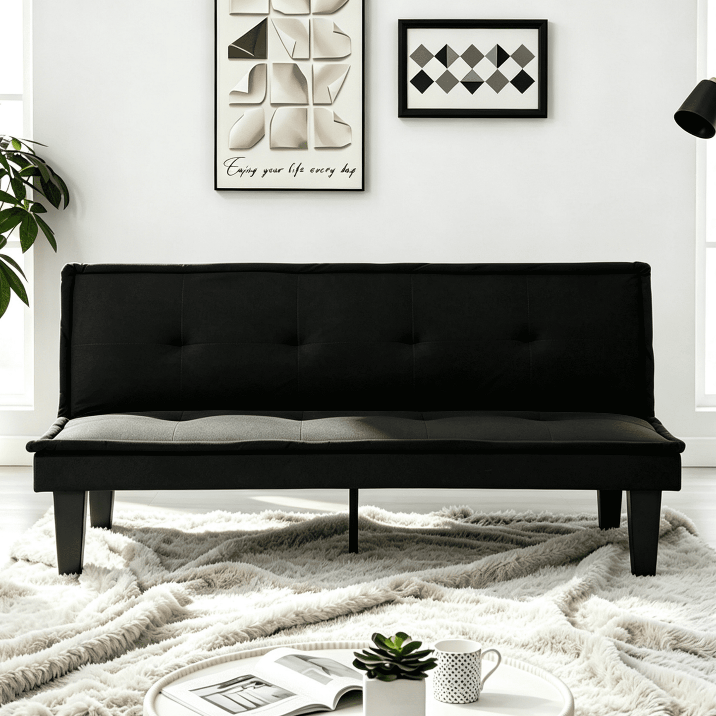 Gewnee 62.99" Faux Suede Futon Sofa Bed,Modern Convertible Futon Couch with 5 Adjustable Backrest,Sleeper Sofa Couch for Living Room,Apartment,Black