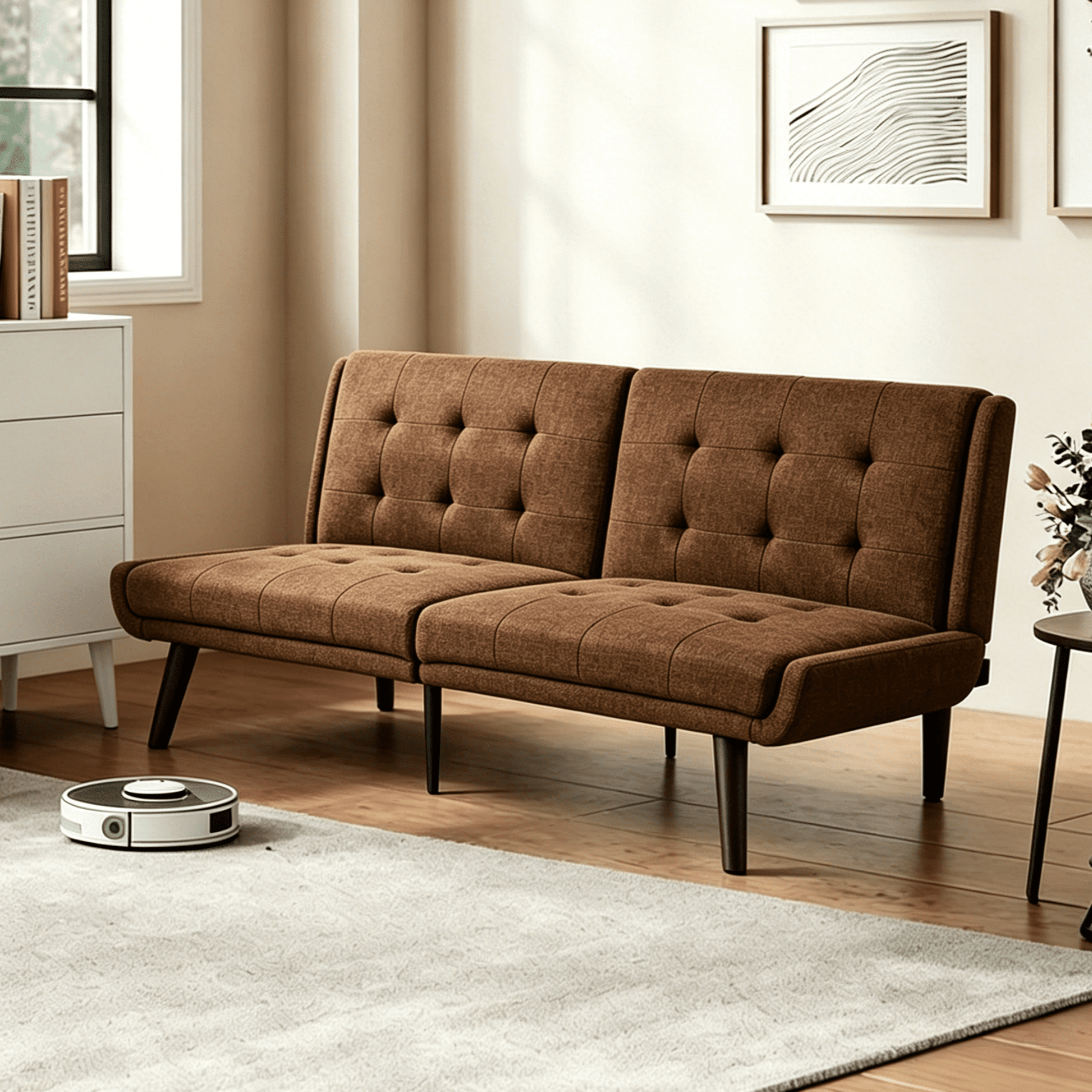 Gewnee 63"3-in-1 Convertible Sofa,Sleeper Couch with 5-Position Adjustable Backrest for Living Room,Apartment and Bedroom,Brown