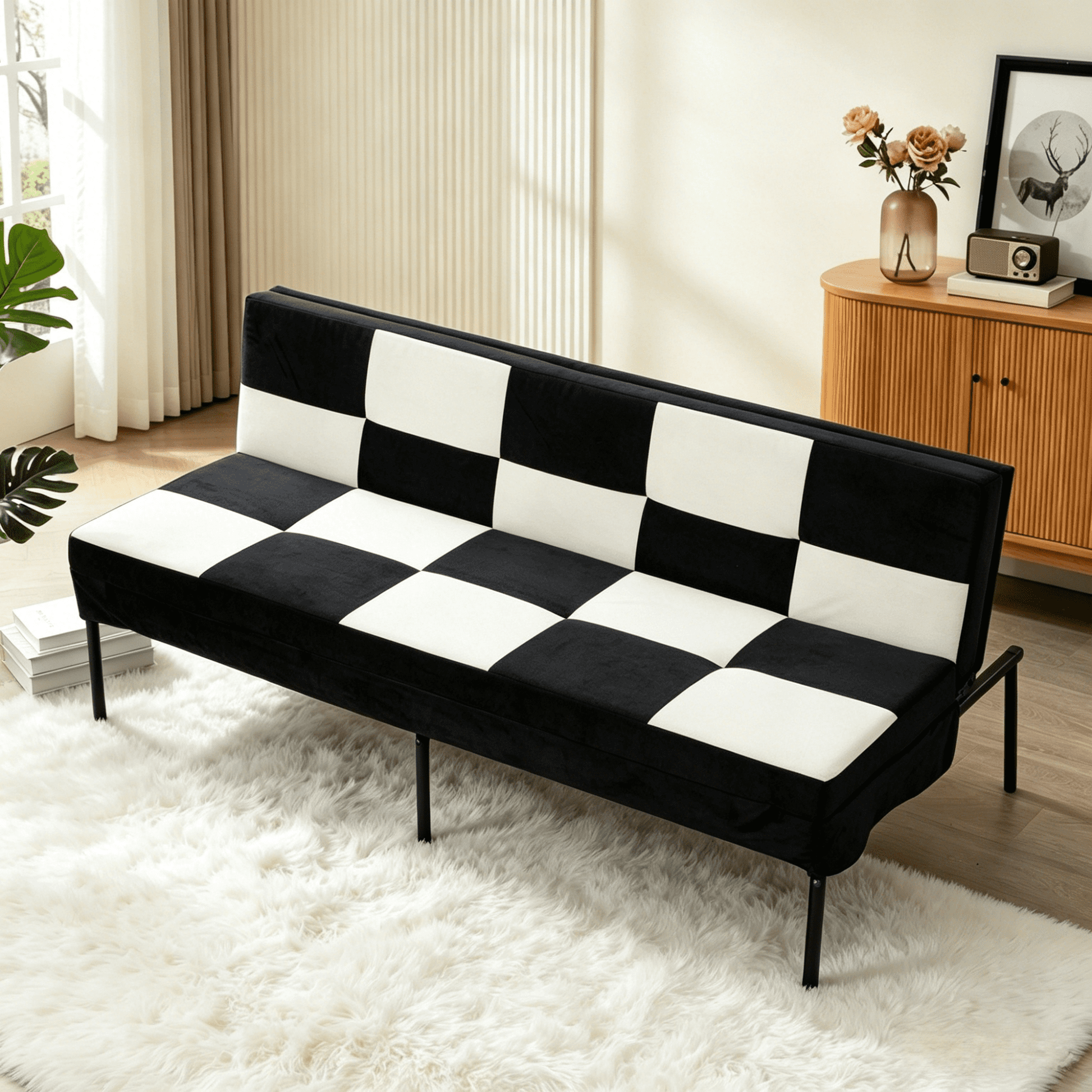 Gewnee 63.58â€Velvet Futon Sofa Bed â€“ Modern Convertible Sleeper with 5 Adjustable Positions,Modern Sleeper Sofa for Living Room,Office,Apartment.Black&White