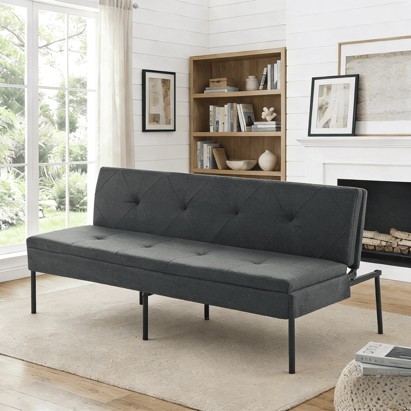 Gewnee 63.39â€Futon Sofa Bed,Convertible Sleeper Couch - Iron Frame & 5 Adjustable Positions,Folding Sofa Bed for Living Room,Office,Apartment,Dark Grey