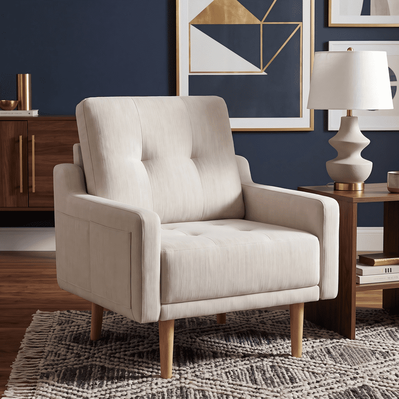 Gewnee Accent Chair, Tufted Upholstered Armchair with Side Pockets, Comfy Reading Chair for Living Room Bedroom, Beige(Fabric)