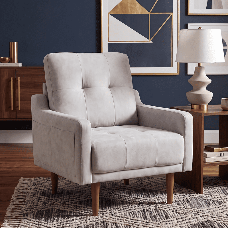 Gewnee Accent Chair, Tufted Upholstered Armchair with Side Pockets, Comfy Reading Chair for Living Room Bedroom, Light Gray(Fabric)