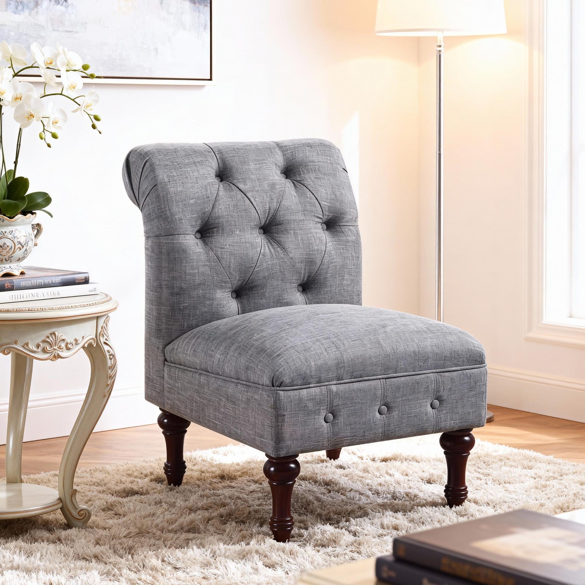 Gewnee Armless Royal Chair,Linen Gray Button-Tufted Accent Chair With Rubberwood Legs