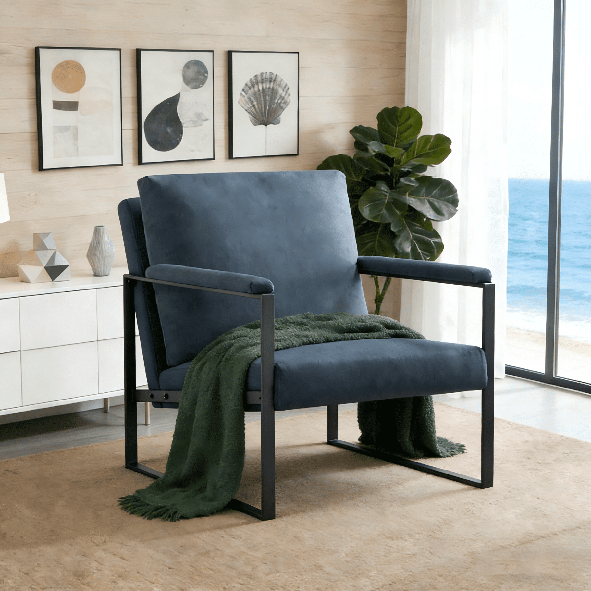 Gewnee Dark Blue 26.8â€ Metal Frame Accent Armchair, Linen Blend Upholstery with Removable Cushion for Home Office Study