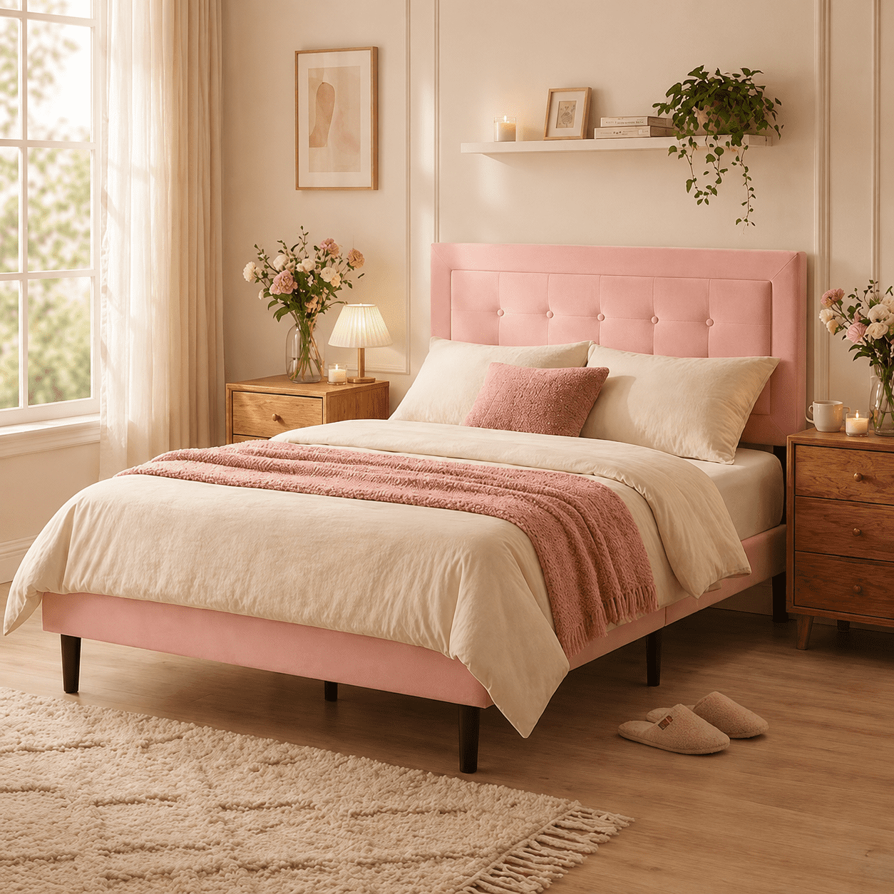 Gewnee Full Size Bed Frame with Sturdy Wood Slats & Center Leg,No Box Spring Needed,Upholstered Headboard,High Under-Bed Clearance.Pink