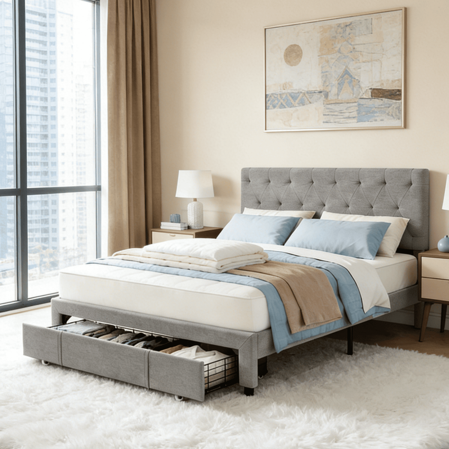 Gewnee Full Size Storage Bed Frame with Drawers,Tufted Button Headboard,Sturdy Wood Slats,Under-Bed Storage & Adjustable Headboard for 6-12 Inch Mattress,No Box Spring Needed.Beige