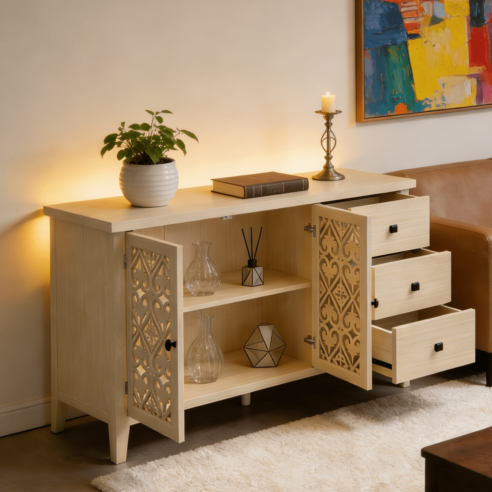 Gewnee Hollow-Design 2-Door 3-Drawer Cabinet, Classic American Style Storage for Bedroom, Living Room and Study