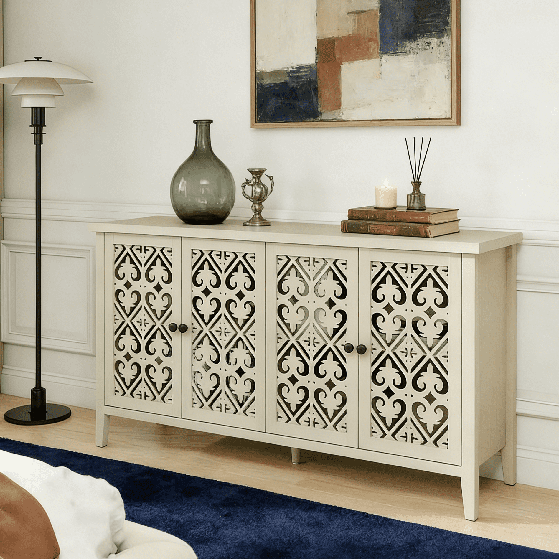 Gewnee Hollow-Design 4-Door Cabinet, Traditional American Furniture for Bedroom, Living Room and Study