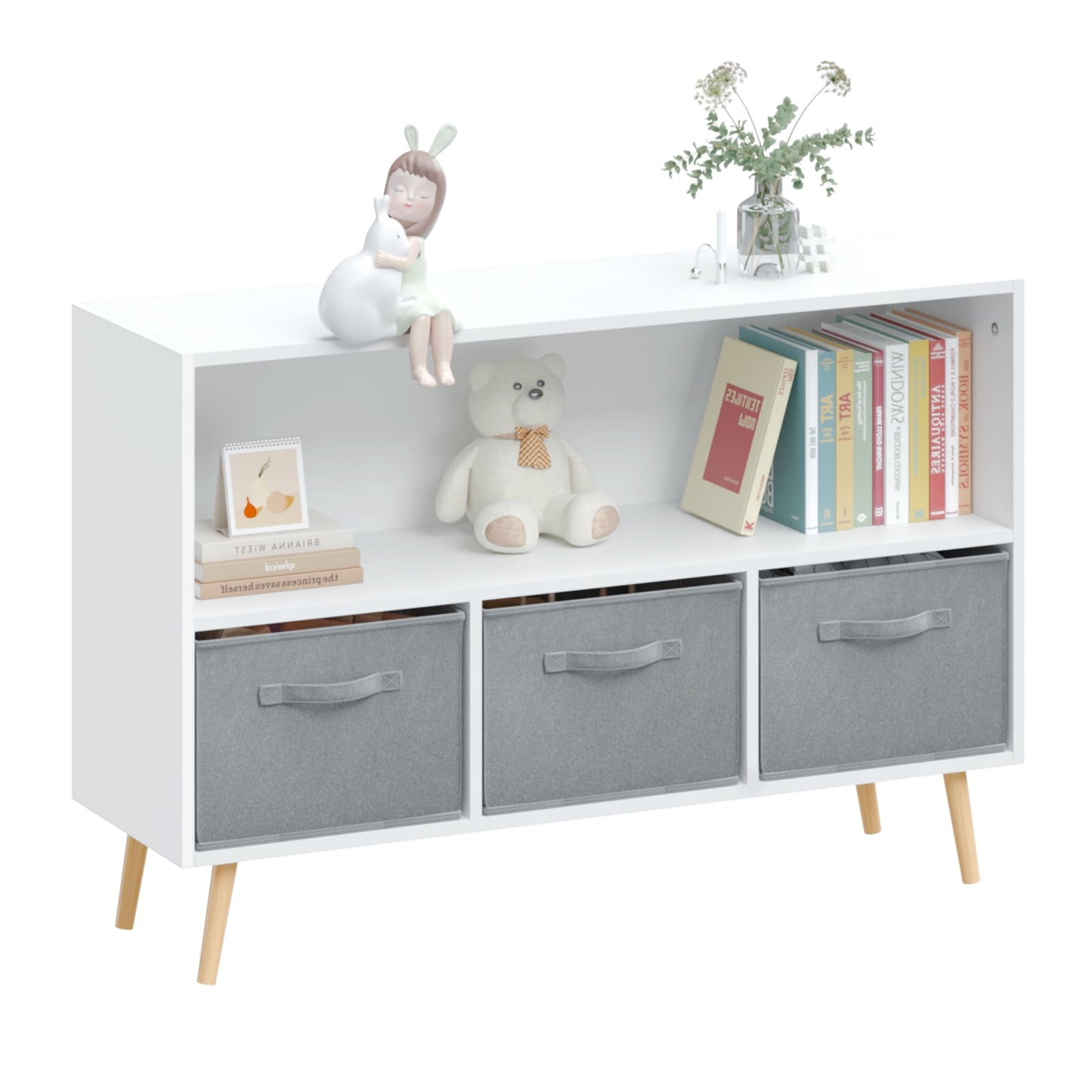 Gewnee Kids Bookcase with Drawers , Wood Bookshelf with Toy Chest Large Storage for Play Room,Gray