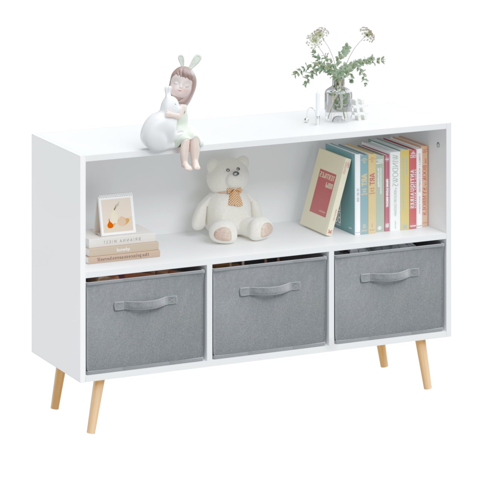 Gewnee Kids Bookcase with Drawers , Wood Bookshelf with Toy Chest Large Storage for Play Room,Gray