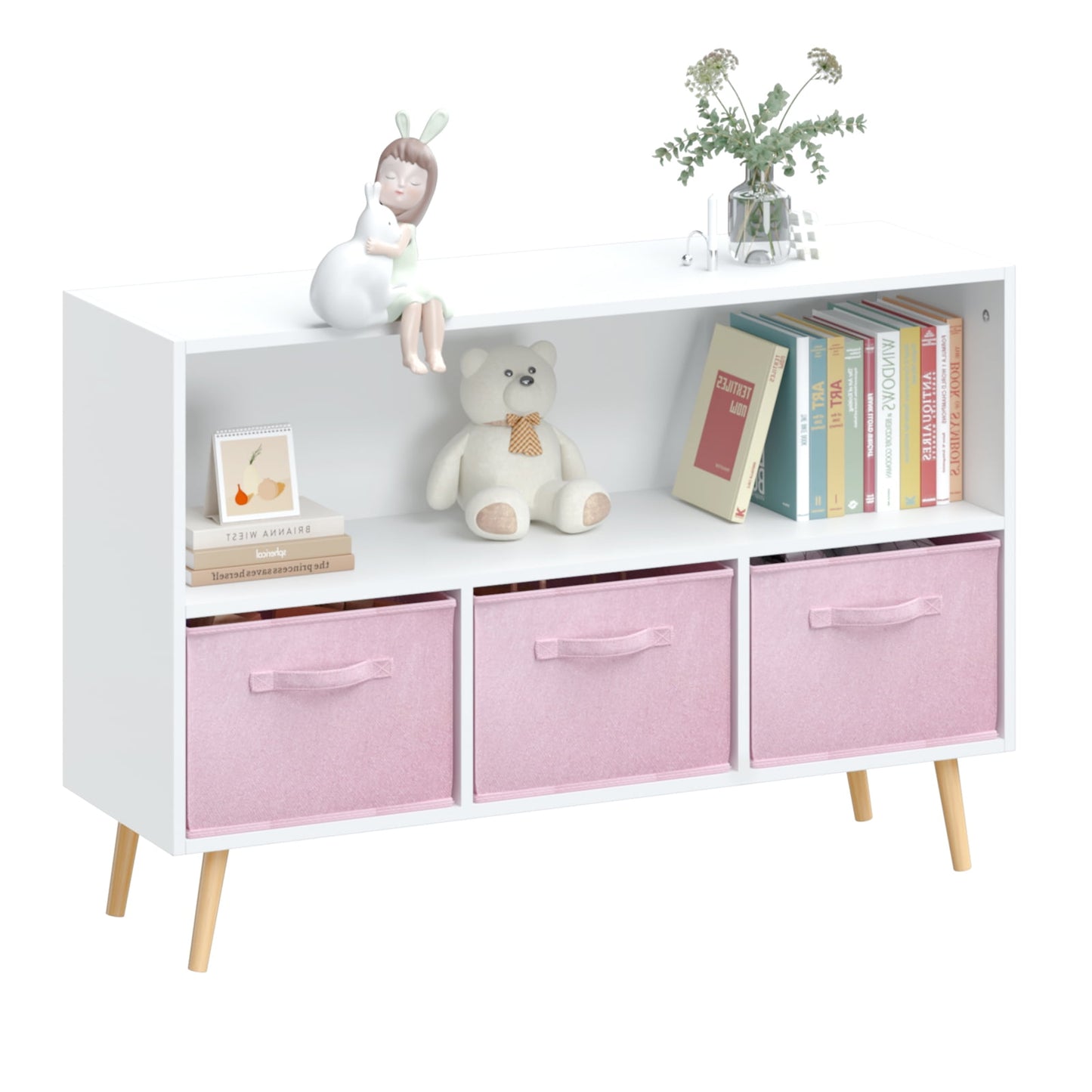 Gewnee Kids Bookcase with Drawers , Wood Bookshelf with Toy Chest Large Storage for Play Room,Pink