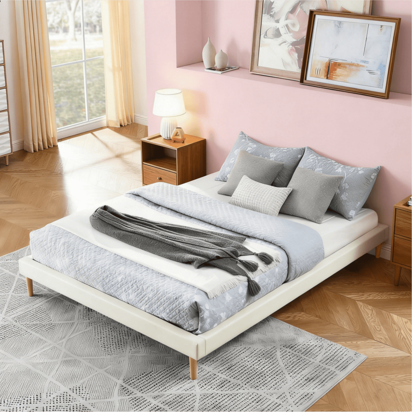 Gewnee King Size Faux Leather Platform Bed Frame,No Box Spring Needed,Solid Wood Center Support,White