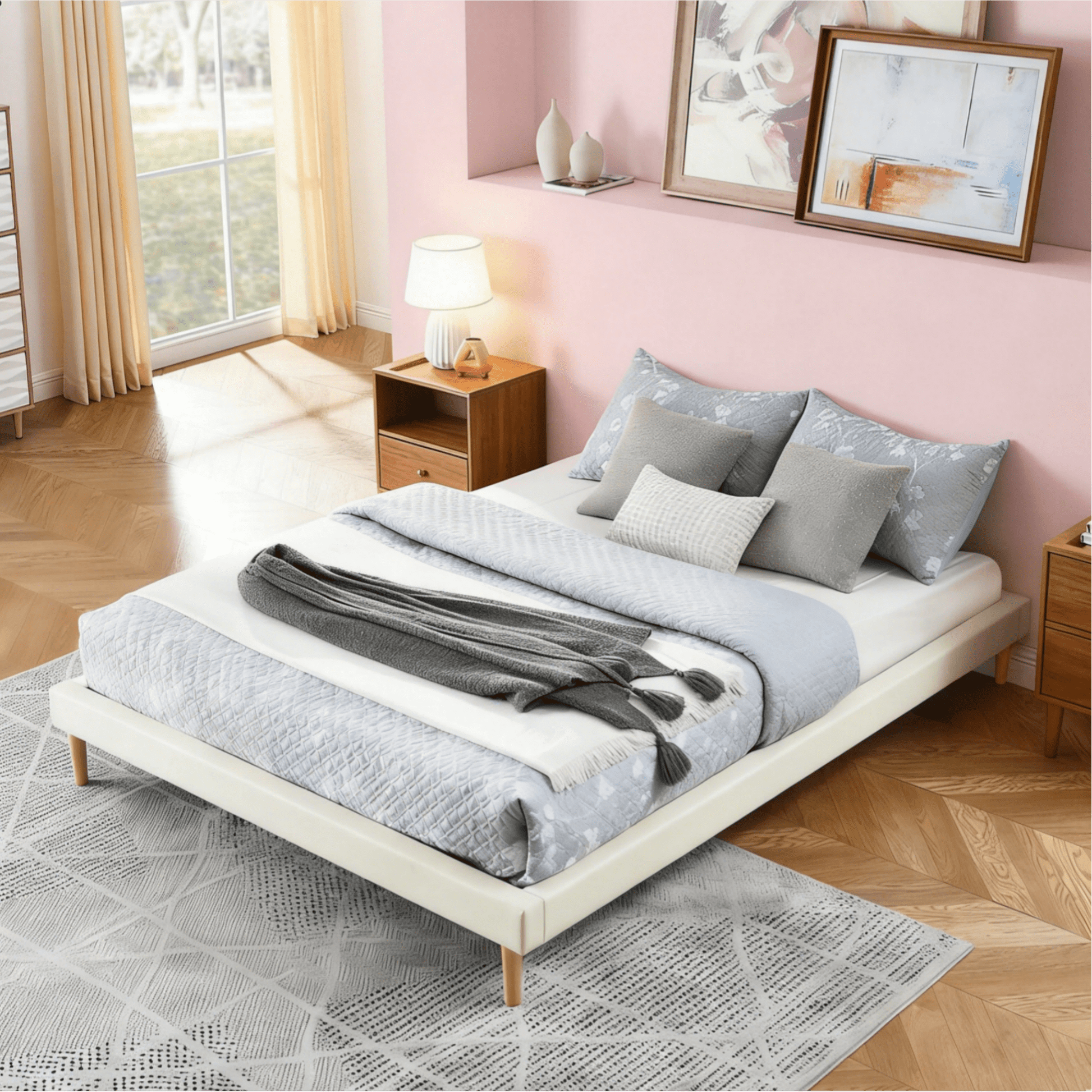 Gewnee King Size Faux Leather Platform Bed Frame,No Box Spring Needed,Solid Wood Center Support,White