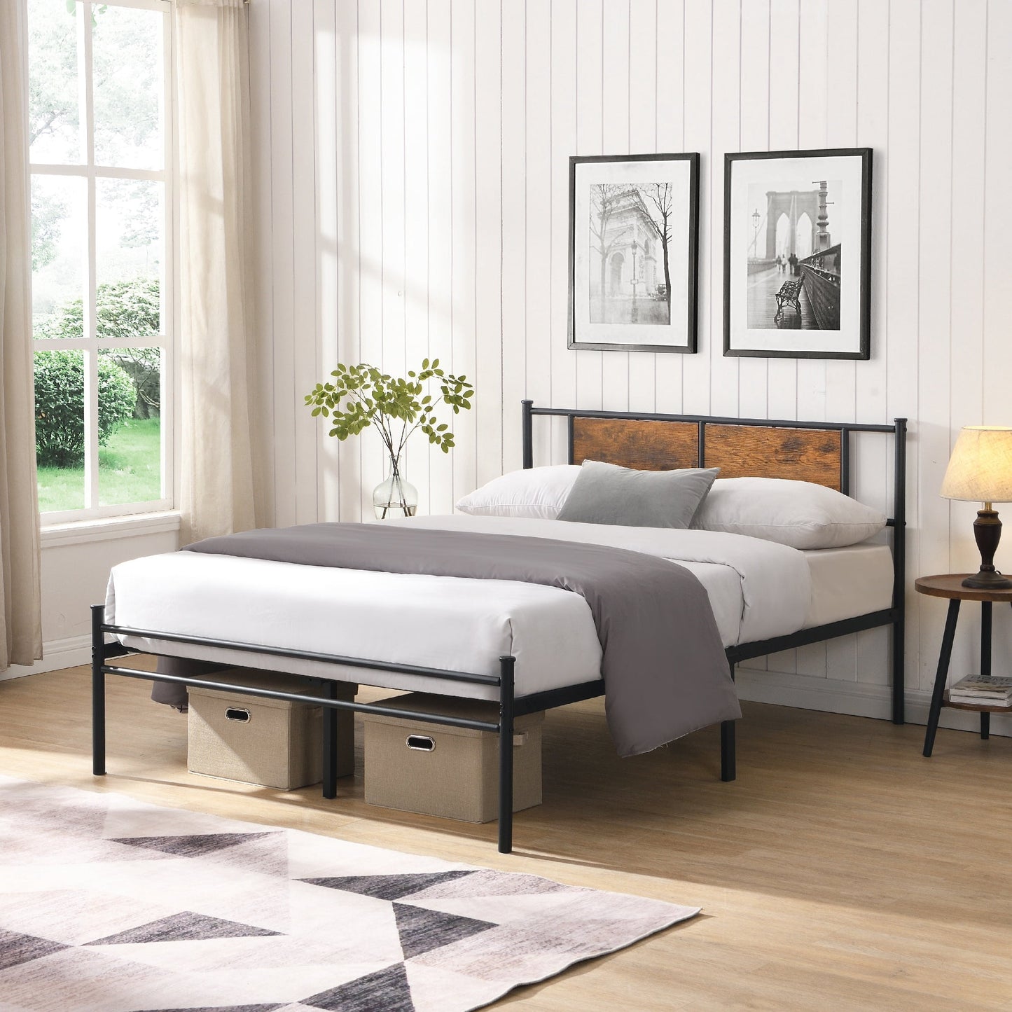 Gewnee King Size Metal Platform Bed (Black) w/Wood Panel Headboard - 550LBS Limit, 10.8" Underbed Storage - Suitable for Master/Guest Bedroom