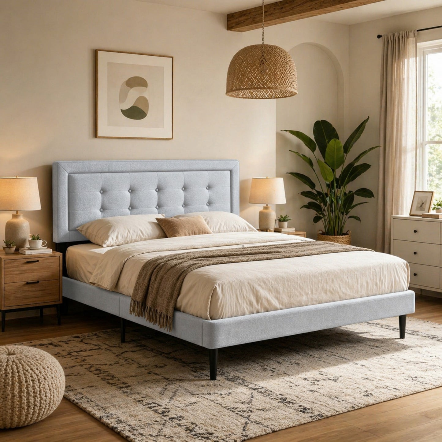 Gewnee Queen Size Bed Frame,Velvet Platform Bed,Upholstered Bed with Square Tufted Headboard,No Box Spring Required,Pink