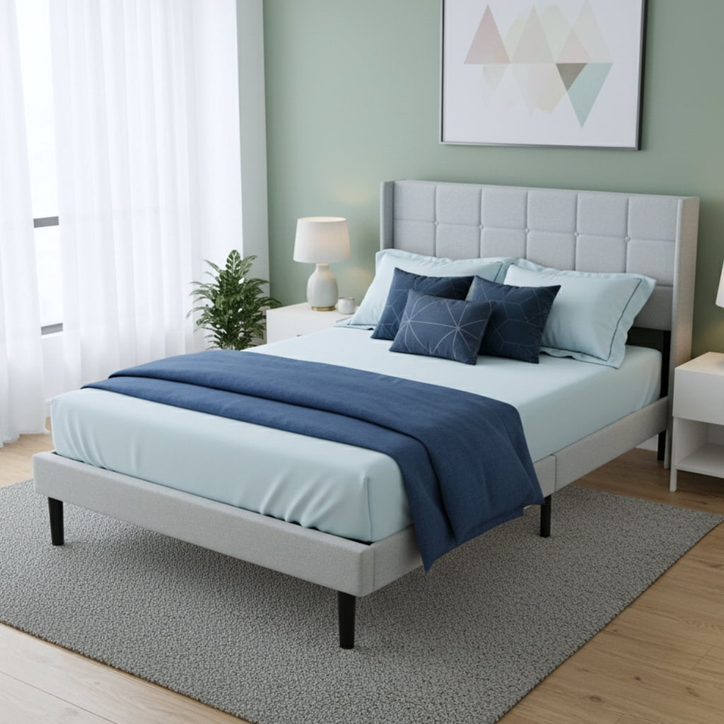 Gewnee Light Grey Full Size Platform Bed Frame Linen Upholstered Tufted Headboard Solid Wood Slat Support with Center Leg for Bedroom No Box Spring