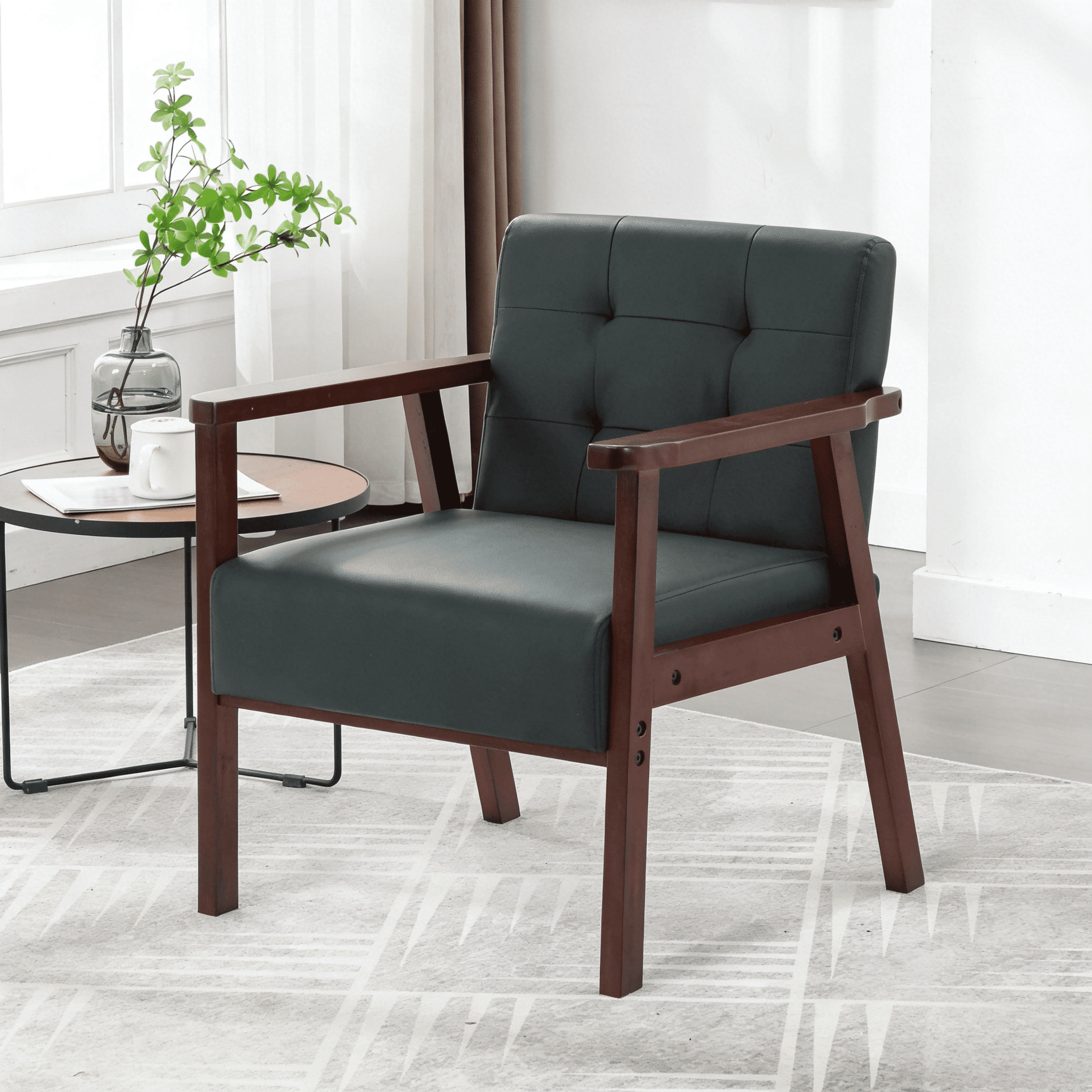 Gewnee PU Accent Chair with Solid Wood Frame,Modern Upholstered Armchair,Single Sofa for Living Room,Apartment,Office.Black