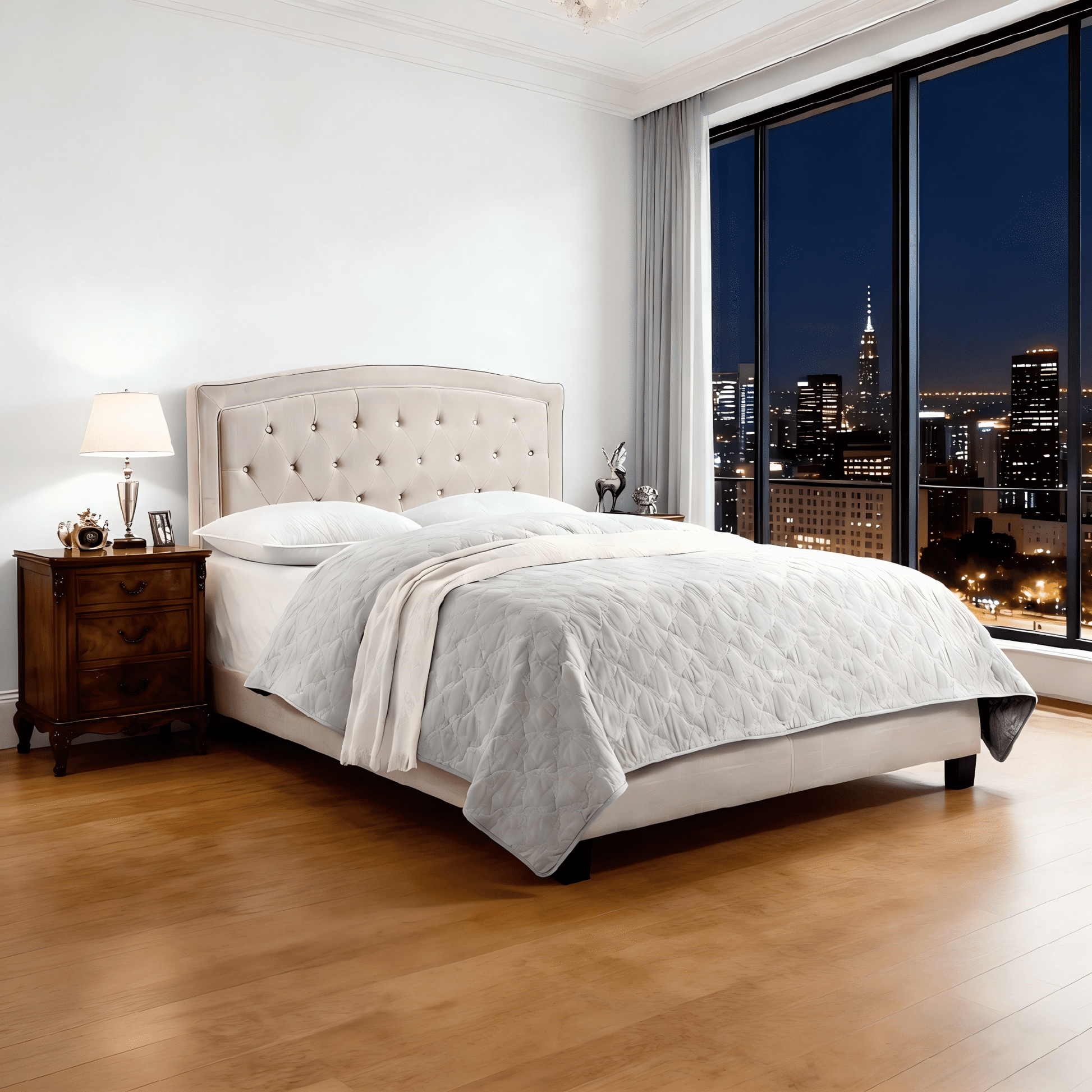 Gewnee Queen Size Beige Linen Upholstered Bed Frame, Solid Wood Slat Support & Sturdy Structure, Ideal for Bedroom, Box Spring Required