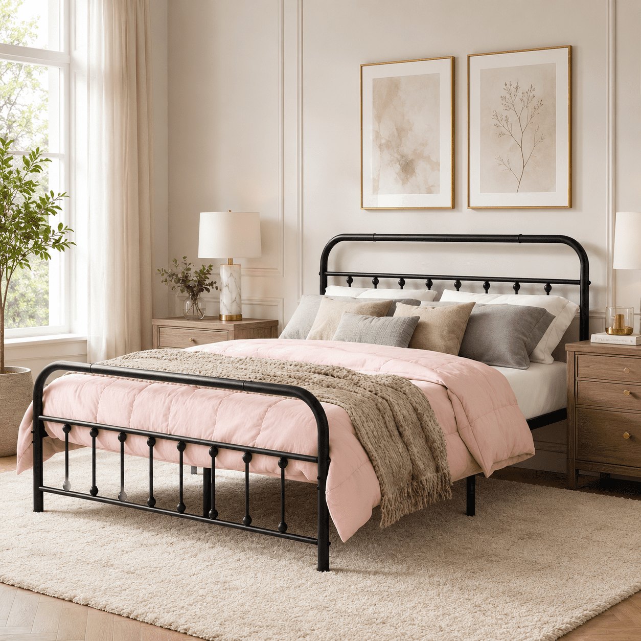 Gewnee Queen Size Metal Platform Bed Frame with Heavy-Duty Steel Slat Support for Bedroom, No Box Spring Needed, Black