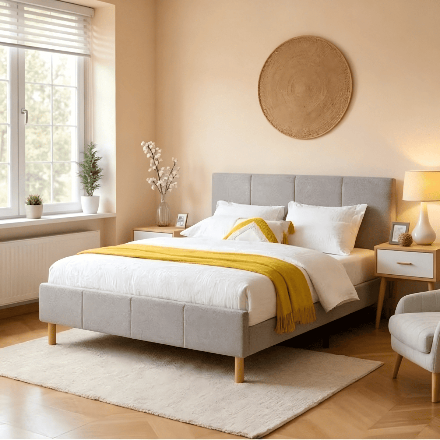 Gewnee Queen Size Platform Bed Frame, Teddy Velvet Upholstered Headboard, Solid Wood Slat Support for Bedroom, Grey