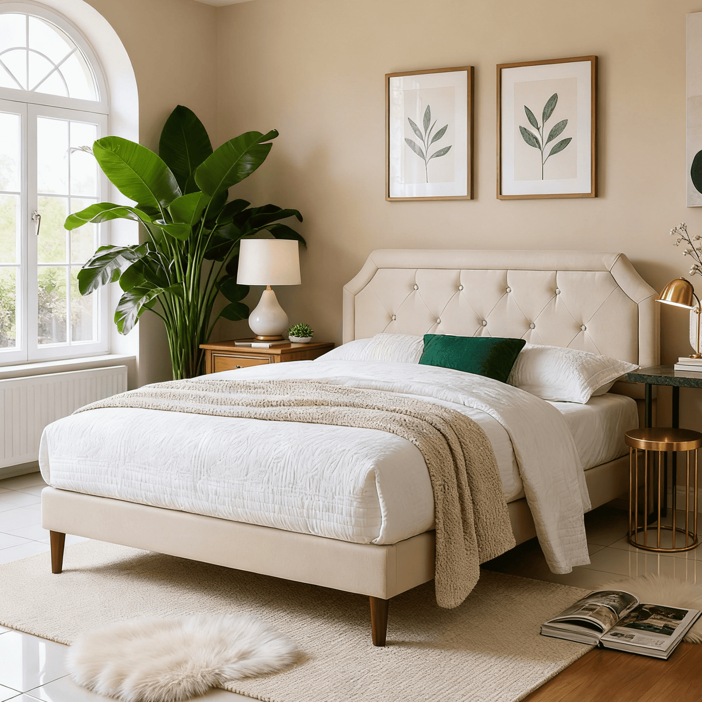 Gewnee Queen Size Platform Bed Frame with Upholstered Adjustable Headboard for 8-12 inch Mattress, Wood Slats, Center Support, No Box Spring Needed in Beige