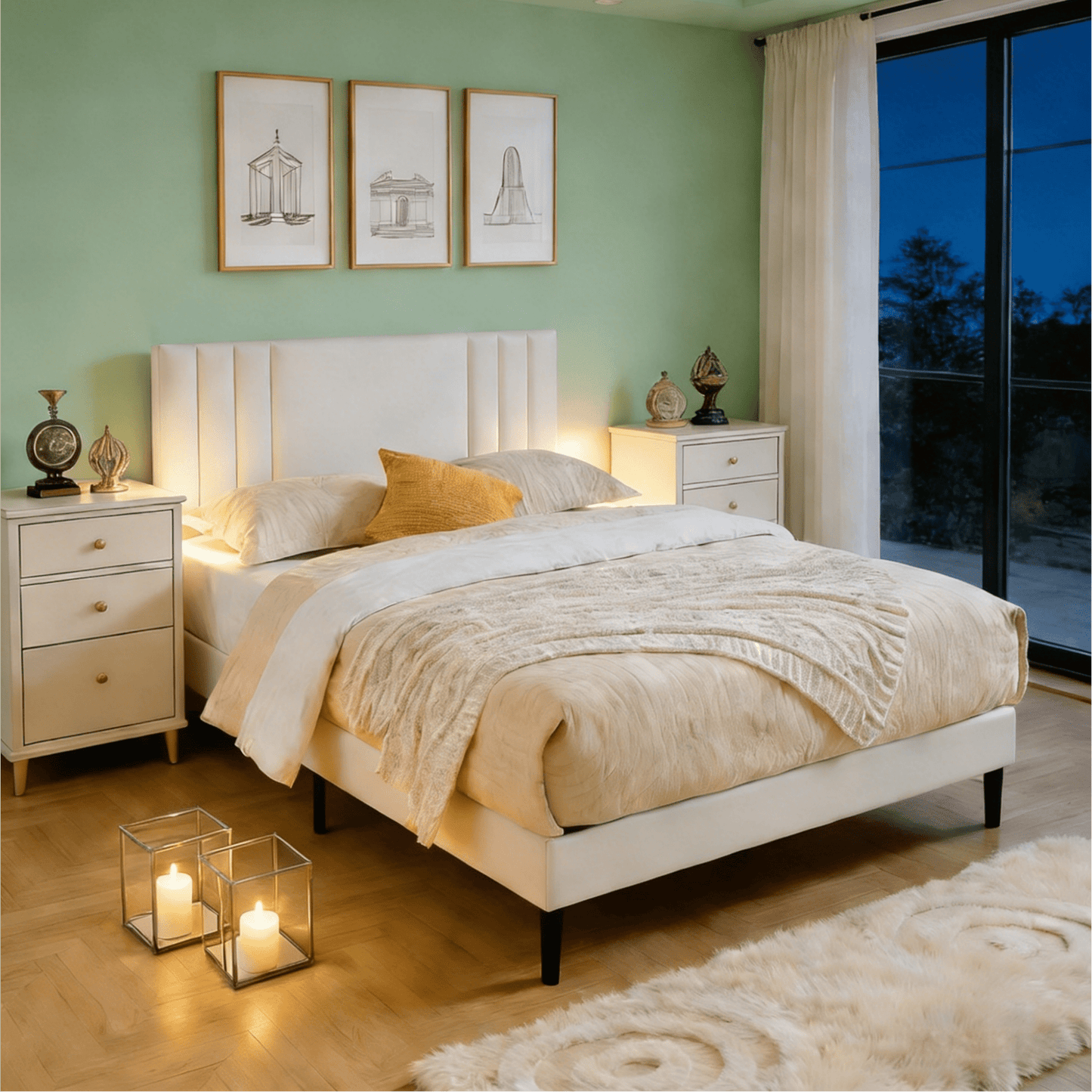 Gewnee Queen Size Platform Bed Frame with Upholstered Headboard,Faux Leather,Wood Slat Support,Easy Assembly,No Box Spring Required.White