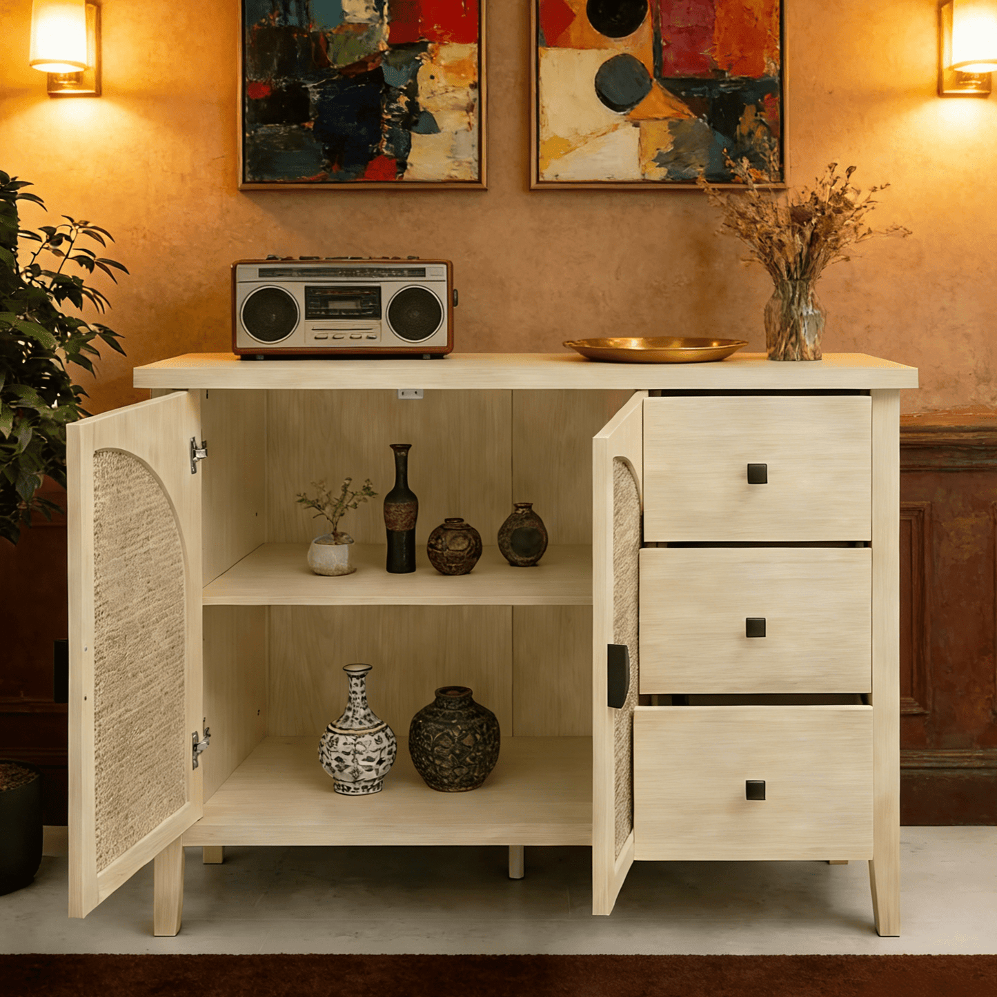 Gewnee Rattan 2-Door 3-Drawer Storage Cabinet, Versatile Organizer for Bedroom, Living Room and Study