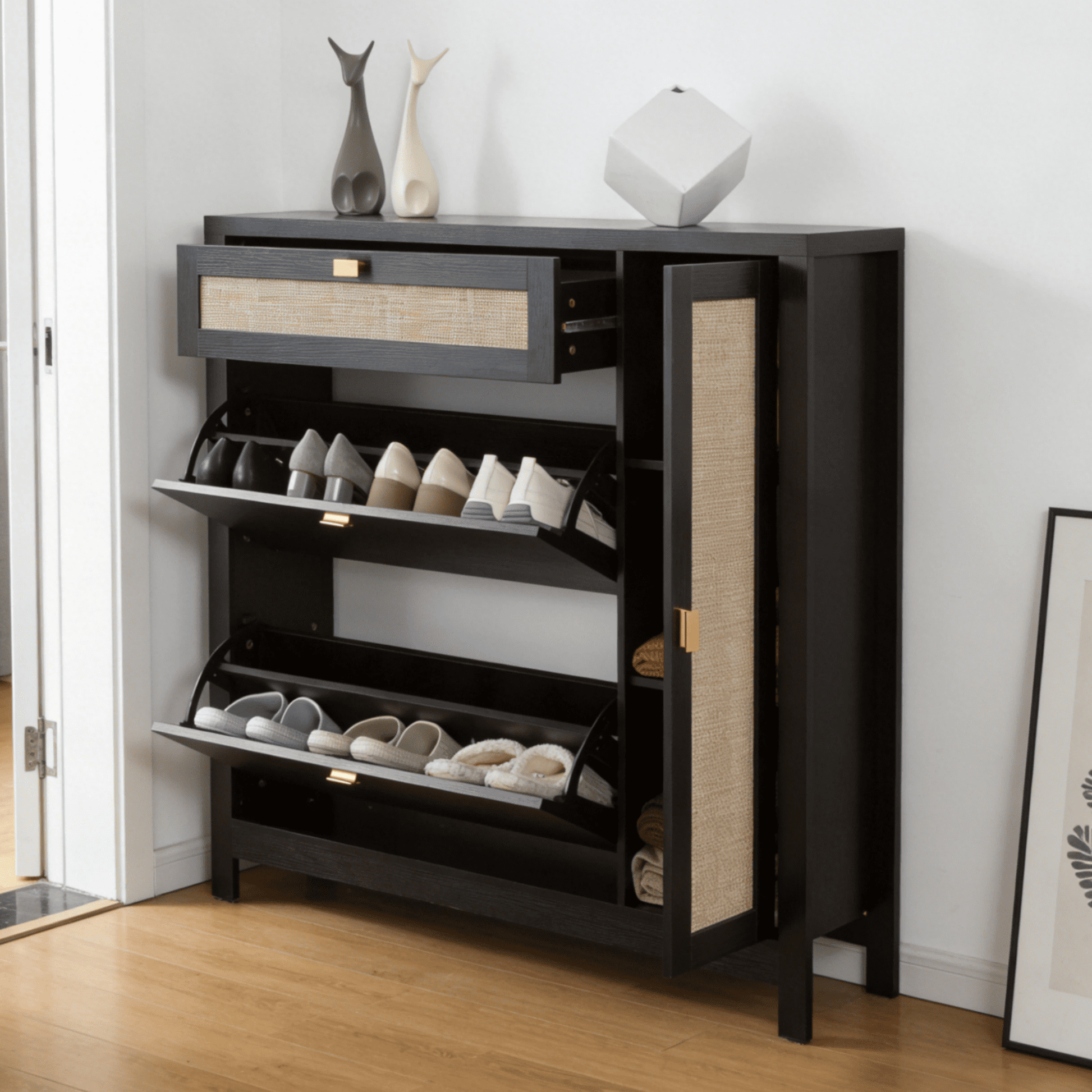Gewnee Gabinete Delgado para Almacenamiento de Zapatos con 2 Cajones Abatibles y Organizador Lateral, Estantes Ajustables, Puerta de RatÃ¡n para Entrada, Pasillo O Armario.