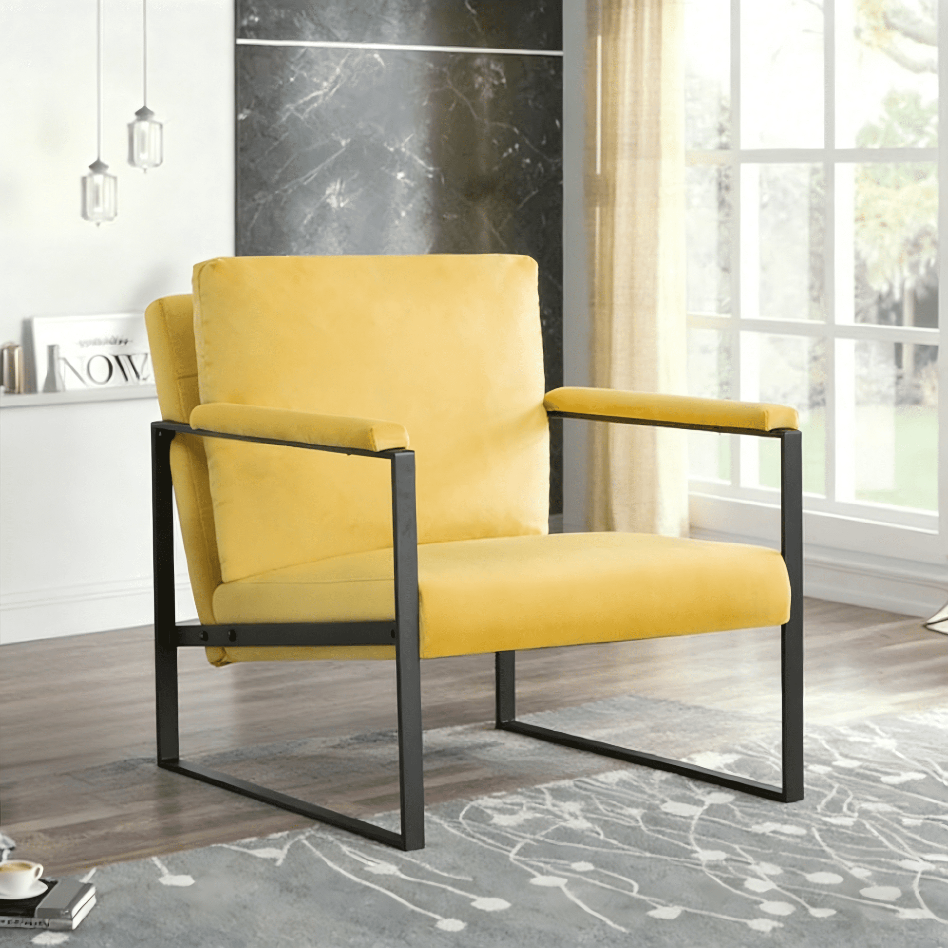 Gewnee Yellow 26.8â€ Metal Frame Accent Armchair, Velvet Upholstery with Removable Cushion for Living Room Den