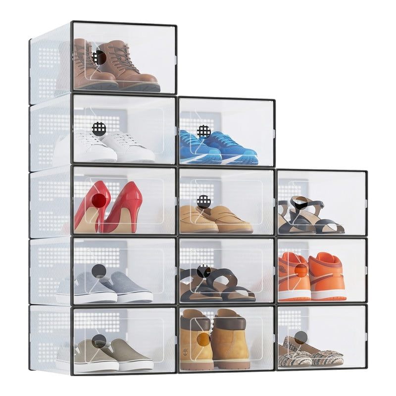 Gianna 12 Pack Stackable Shoe Box , Plastic Storage Organizer for Closet Hallway Bedroom, Holds Shoes up to US Size 11ï¼ŒBlack