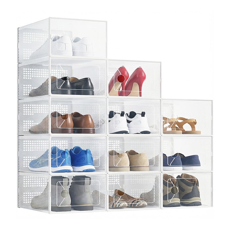 Gianna 12 Pack Stackable Shoe Box , Plastic Storage Organizer for Closet Hallway Bedroom, Holds Shoes up to US Size 11ï¼ŒWhite