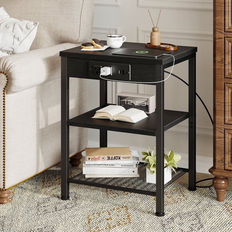 Gianna Juego de 2 Mesas Auxiliares PequeÃ±as de 15.7" con EstaciÃ³n de Carga, Mesa Auxiliar con Tomacorrientes y Puertos USB, Mesa de Noche de Almacenamiento Ajustable de 3 Niveles para Sala de Estar, Dormitorio, Espacios PequeÃ±os, Negro