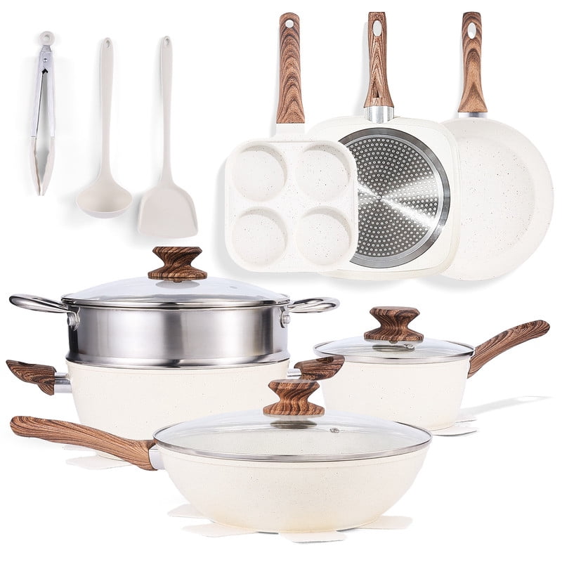 Gianna 17 Pcs Non-Stick Pots and Pans, Non-toxic Kitchen Cooking Set with Stay-Cool Handles, Beige