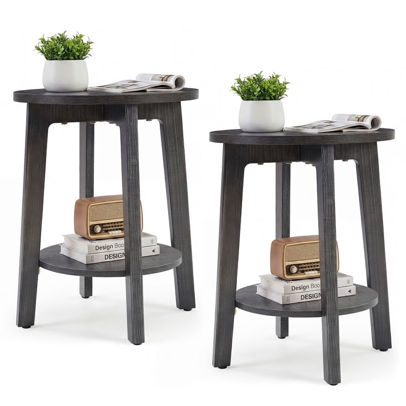 Gianna 2 Pack 2-Tier Round Side Table with Tapered Legs, Small End Table for Living Room & Bedroom,Gray