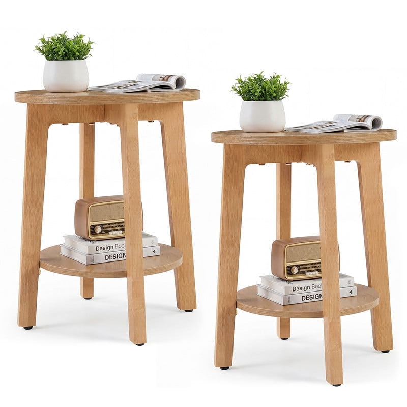 Gianna 2 Pack 2-Tier Round Side Table with Tapered Legs, Small End Table for Living Room & Bedroom,Wood