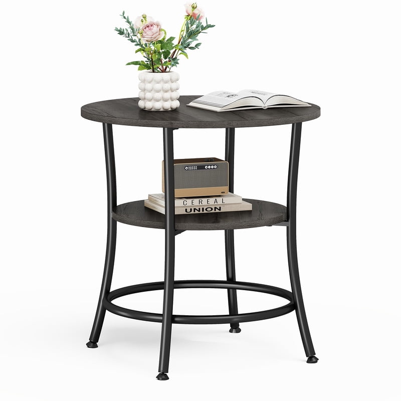 Gianna 2-Tier Round Side Tableï¼ŒSpace-Saving End Table for Small Living Room & Bedroomï¼ŒWood Grain Gray