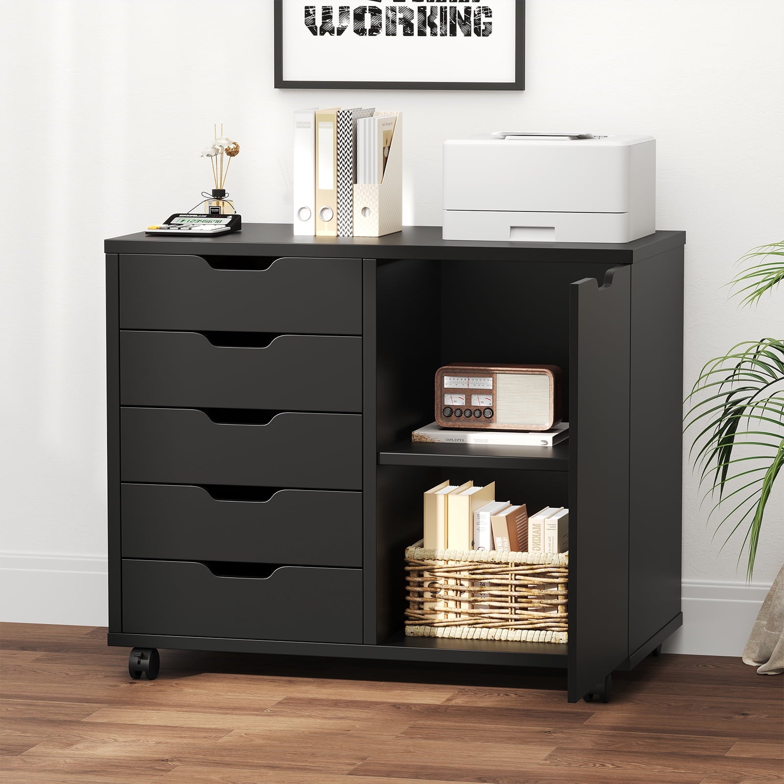Gianna 5-Drawer Wood File Cabinet, Mobile Printer Stand with Adjustable Shelf & Wheels, Storage Shelves for Home Office