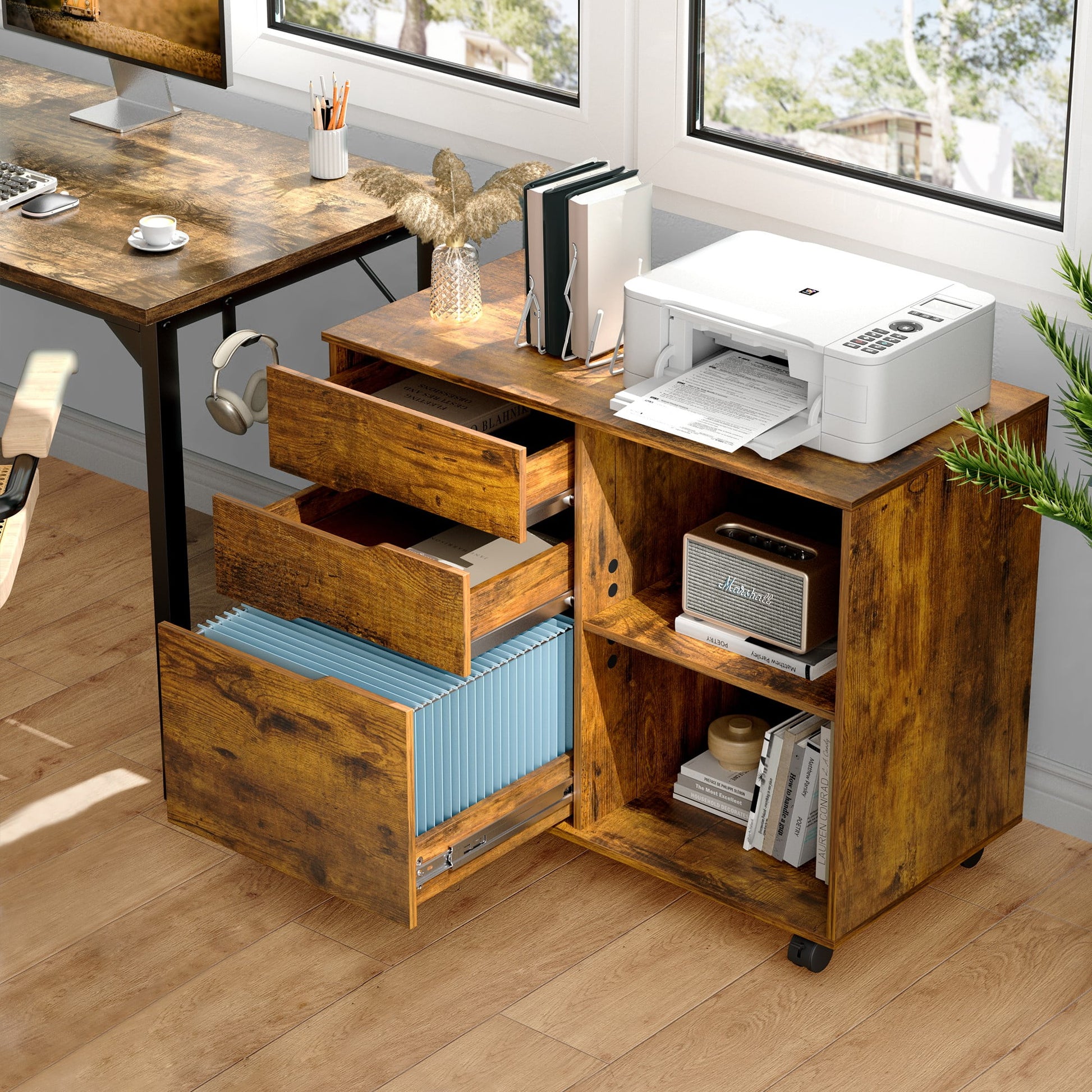 Gianna 3-Drawer File Cabinet with Wheels, Rolling Wood Printer Stand with Open Storage Shelves for Home Office, Rustic Brown