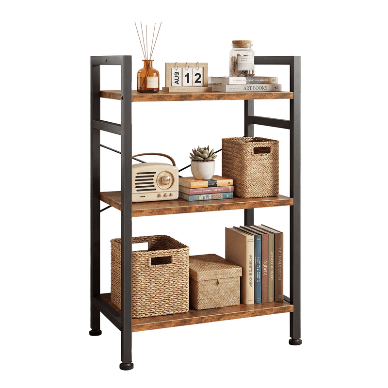 Gianna 3 Tier Bookshelf, Free Standing Shelf, Bookcase Shelf Storage Organizer, Industrial Book Shelves for Home Office, Living Room, Kitchen, Rust Brown