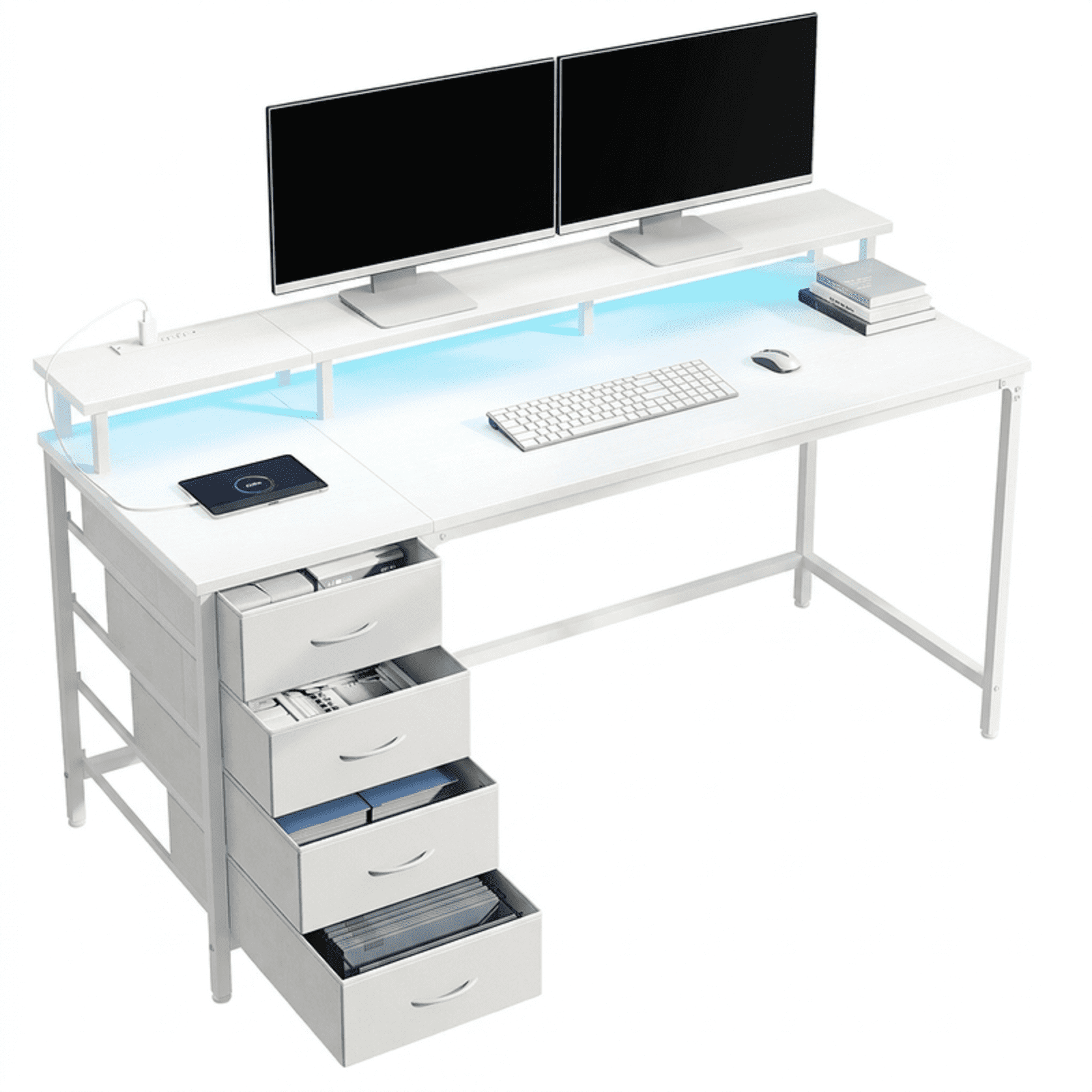 Gianna 40-Inch Computer Desk with Power Outlets and LED Lights, Gaming Desk with 4 Drawers and Monitor Stand for Small Spaces, White