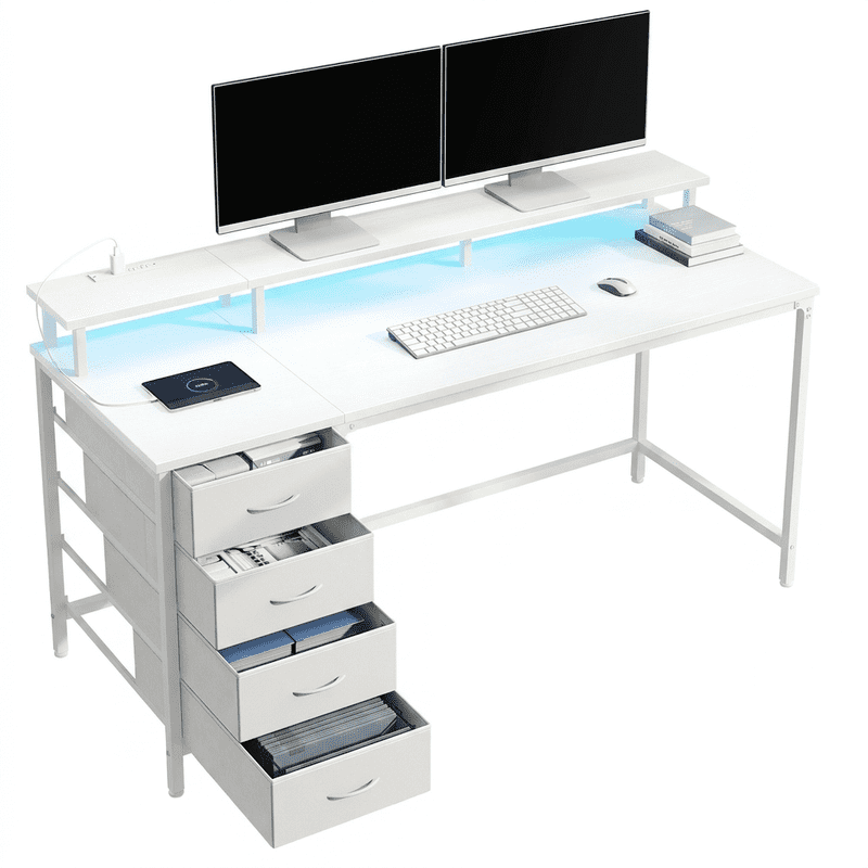Gianna 47-Inch Computer Desk with Power Outlets and LED Lights, Gaming Desk with 4 Drawers and Monitor Stand for Small Spaces, White