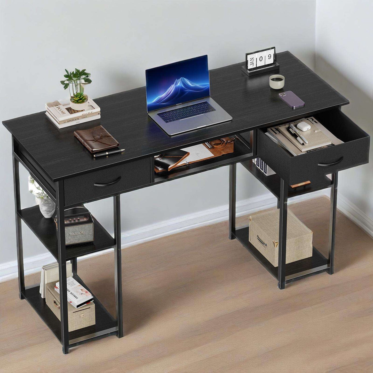 Gianna 47" Computer Desk with 6 Drawers, Home Office Gaming Desks with Storage Shelves for Bedroom, Writing Study Corner Living Room Work Table White
