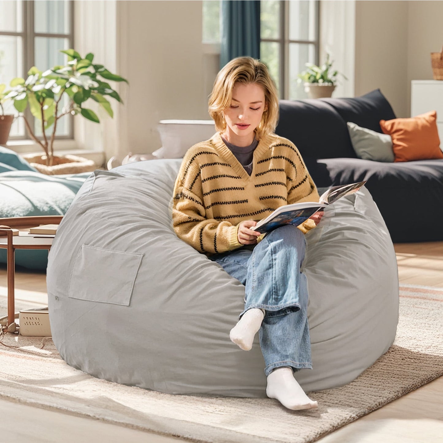 Gianna 4FT Sofa Bean Bag Chair, Oversized Beanbag for Adults with Soft Removable Cover, Gray