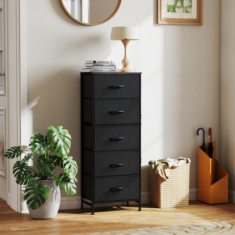 Gianna 5 Drawer Dresser with Fabric Bins, Sturdy Steel Frame and Wood Top, Storage Organizer Chest for Bedroom, Closet, Hallway, Black