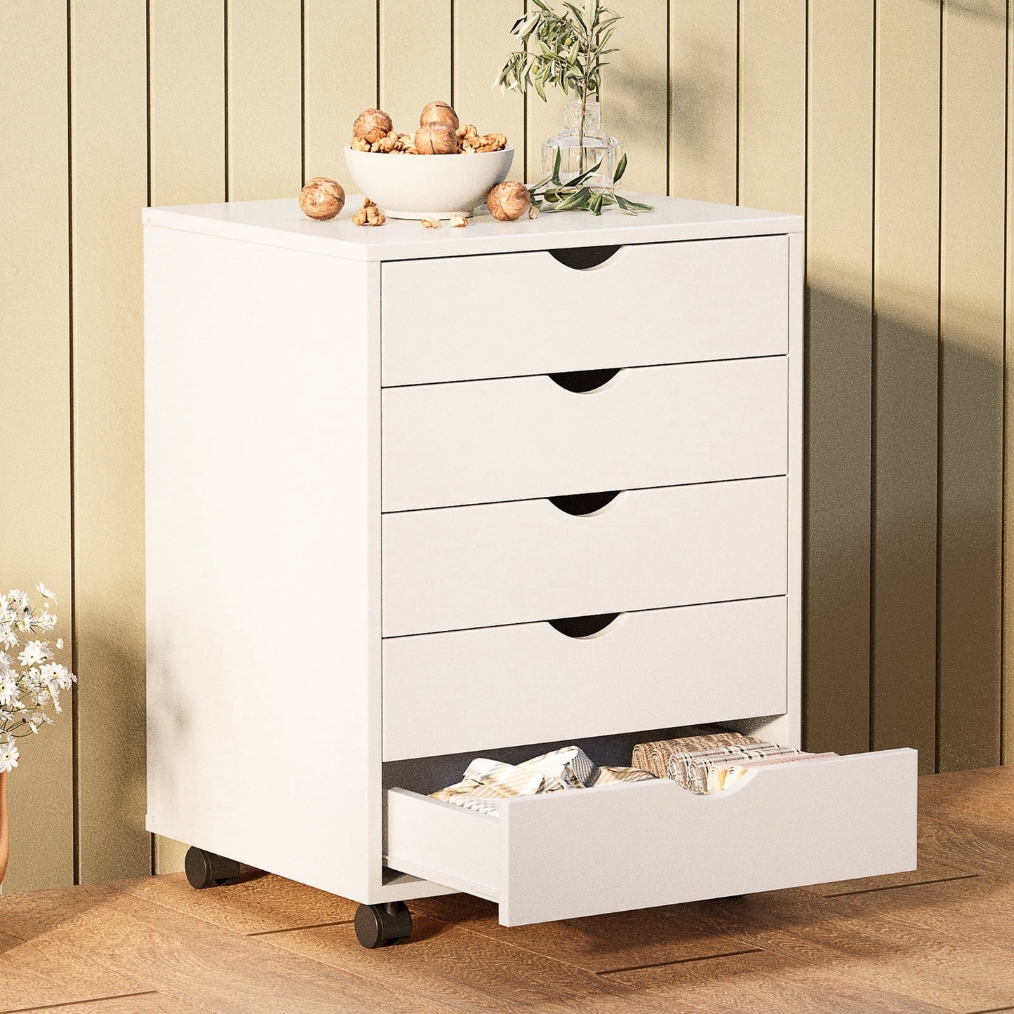 CONCETTA 5 Drawer Storage Cabinet with Wheels for Bedroom, Home, Office Organization, White