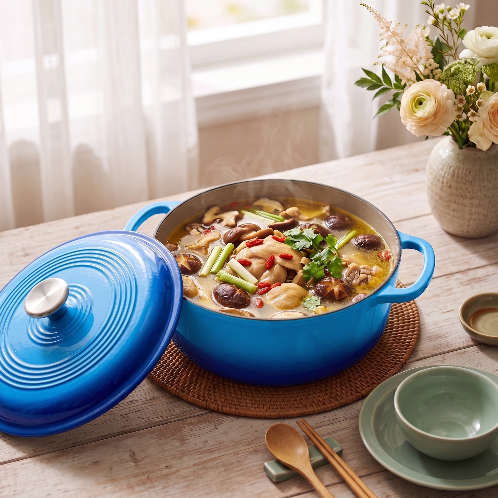 Gianna 6 Quart Enameled Cast Iron Dutch Oven, Moisture-Sealing Lid for Bread, Braising & Slow Cooking, Dual Handles, Oven Safe, Blue