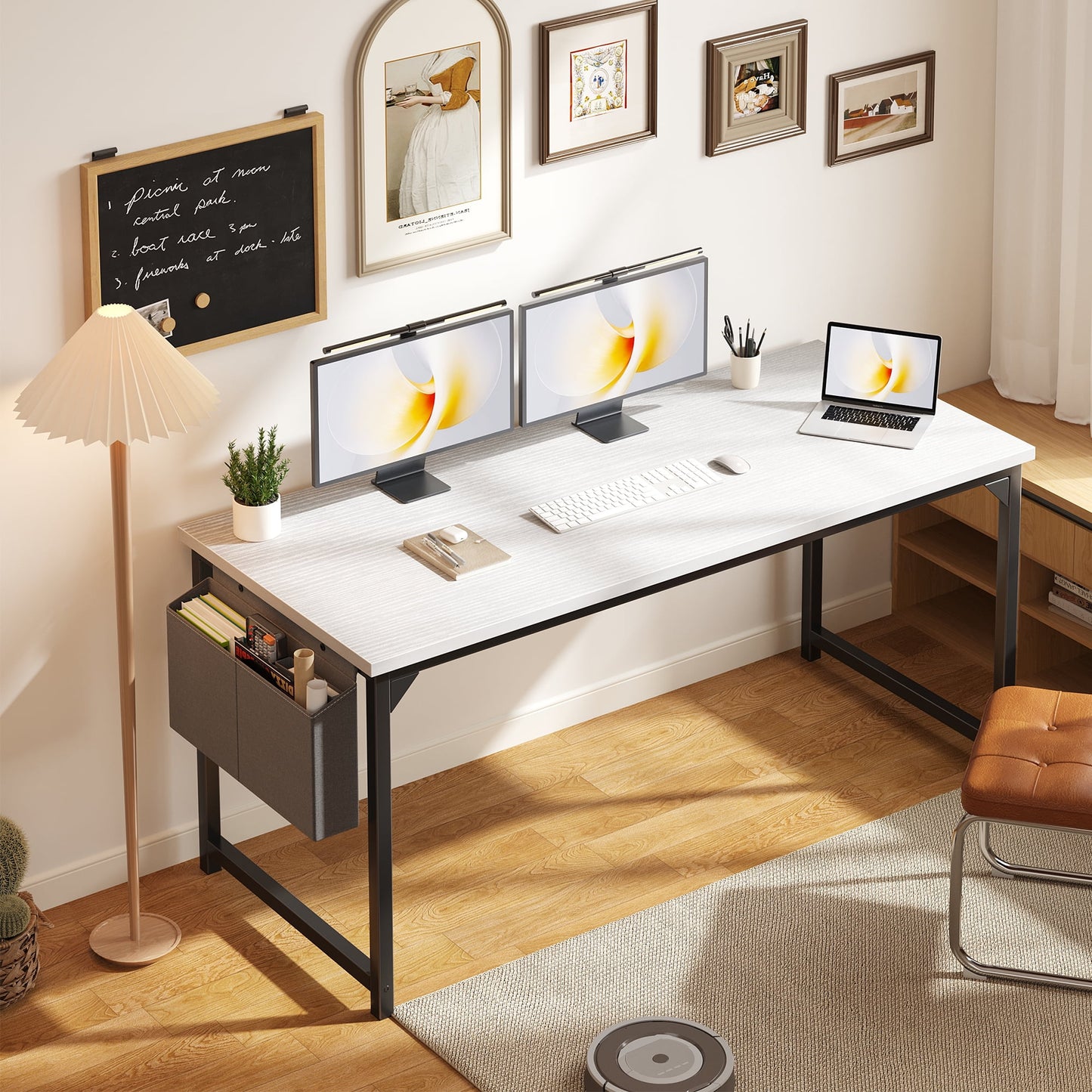 Gianna 63" Computer Desk with Metal Frame, Waterproof Surface and Storage Bag â€“ Perfect for Office Use, White