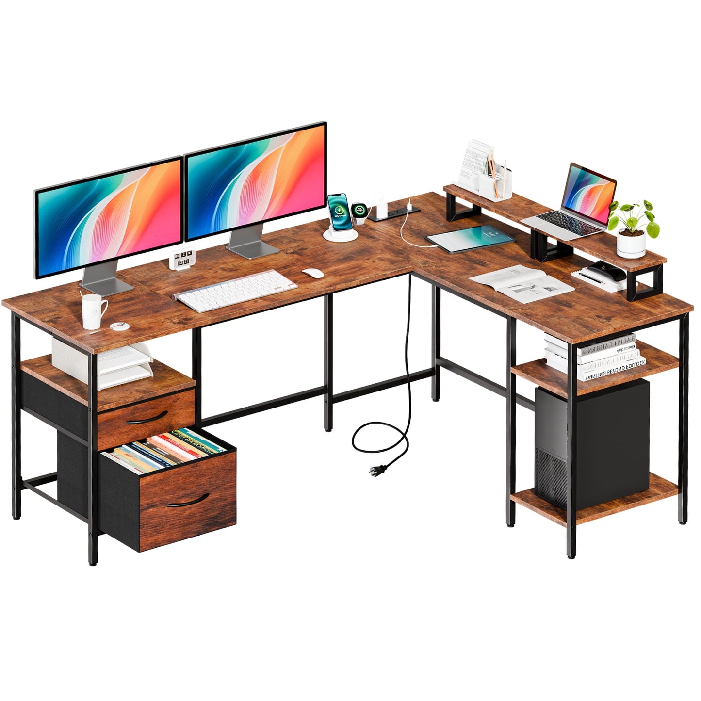 Gianna 65" L-Shaped Desk with Power Outlet, Reversible Gaming Computer Desk with Fabric Drawer, 2 Monitor Stands, and Storage for Home Office