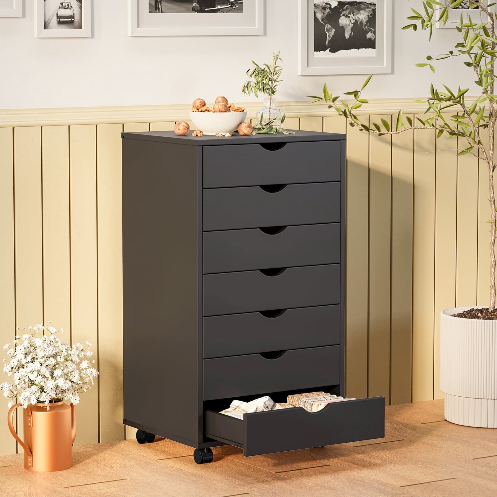 CONCETTA 7 Drawer Storage Cabinet with Wheels for Bedroom, Home, Office Organization, Black