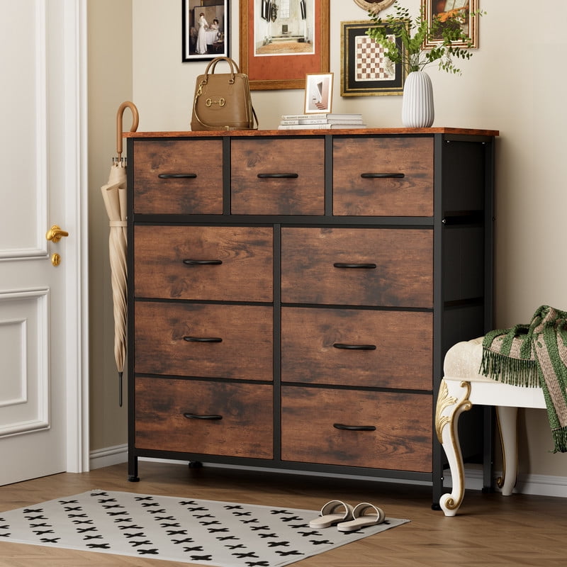Gianna 9 Drawers Dresser, Fabric Drawer Cabinet for Home Office, Rustic Brown